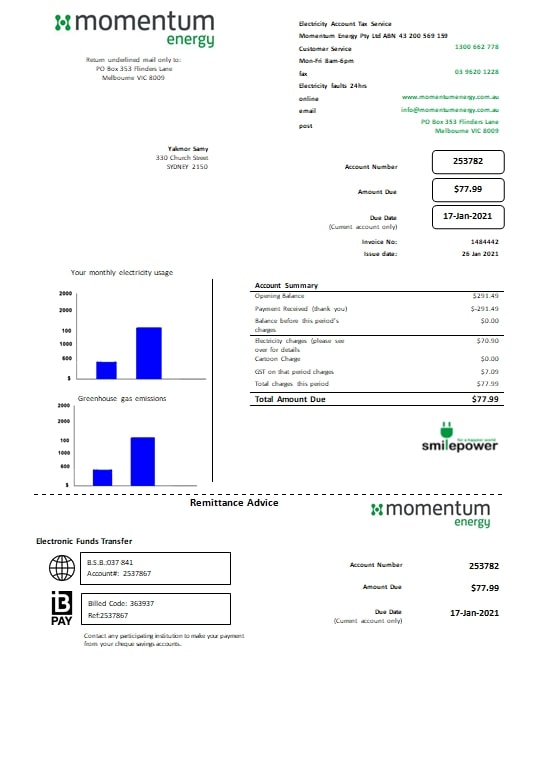 Australia Momentum Energy utility bill